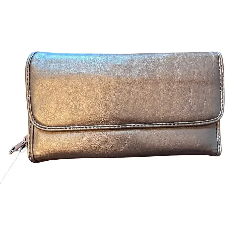 NWT JC Fashion Gold Brown Wallet Clutch Zipper Snap Closure ID Holder